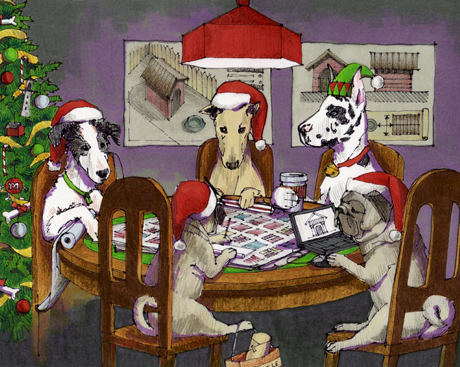 Drawing of dogs in festive hats sitting at a table working on design sketches.